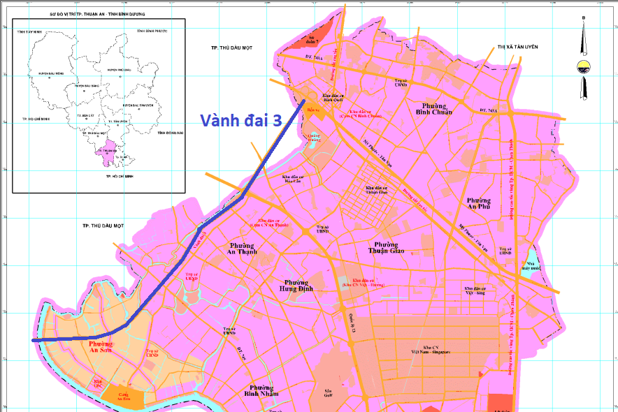 Vành đai 3 sắp làm qua TP Thuận An trên bản đồ quy hoạch.